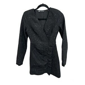 NEW Zara Dress Size XS Womens Tetured Mini Weave Tweed Black Blazer Ruffle Dress
